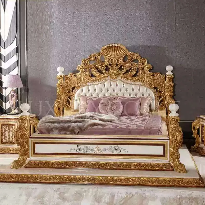 Baroque Shell Crest Carved Gold Bed