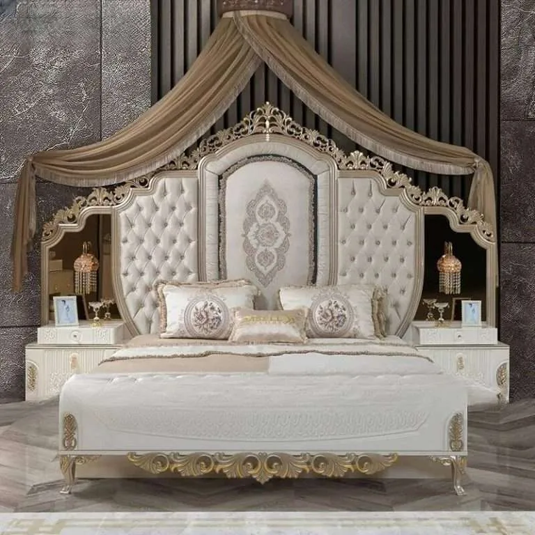 Rococo White Lacquer Bedroom Set anchors the room with a triple-panel tufted medallion bed and architecturally fluted wardrobe suite.