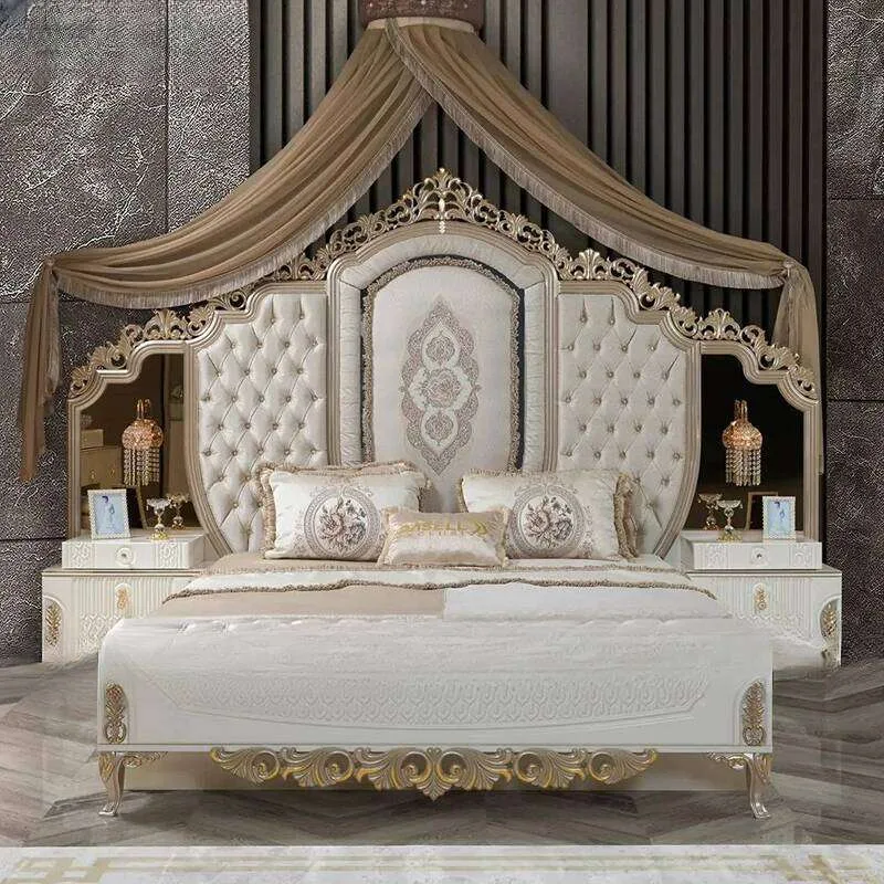 Rococo White Lacquer Bedroom Set with Tufted Medallion Bed