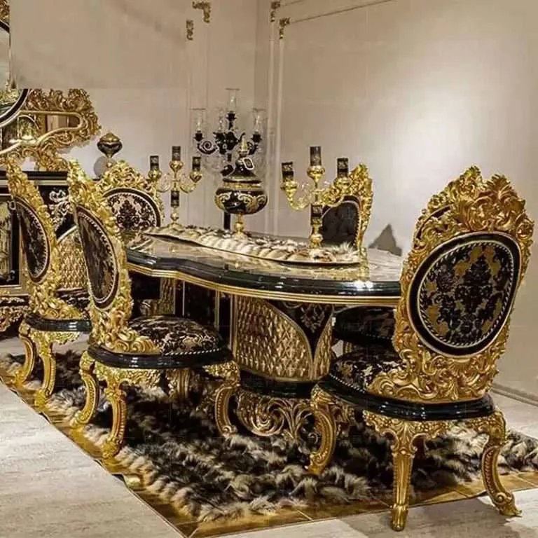 Bespoke Baroque Gold and Black Dining Table featuring hand-carved cabriole legs and high-gloss lacquer finish, produced by OE-FASHION Interiors.