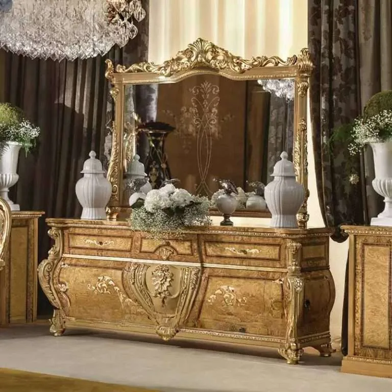 Bespoke Rococo Gilded Burl Sideboard featuring a serpentine bomb&eacute; profile, high-gloss olive ash burl veneer, and hand-carved gold leaf detailing.