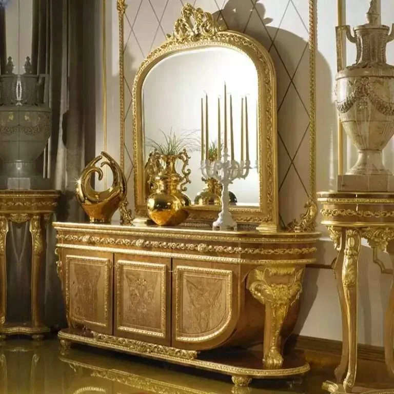 Bespoke Baroque Gold Leaf Sideboard featuring a three-door cabinet configuration and matching arched mirror, produced as a custom commission by OE-FASHION Interiors.