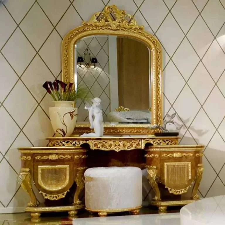 Bespoke Baroque Gold Leaf Dressing Table featuring high-gloss burl veneer and hand-carved gilded relief, produced as a custom commission by OE-FASHION Interiors.