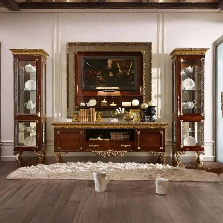 Bespoke Empire Style Mahogany TV Wall Unit featuring twin glass vitrines, a central media console with gilded lion-paw feet, and a wall-mounted back panel.
