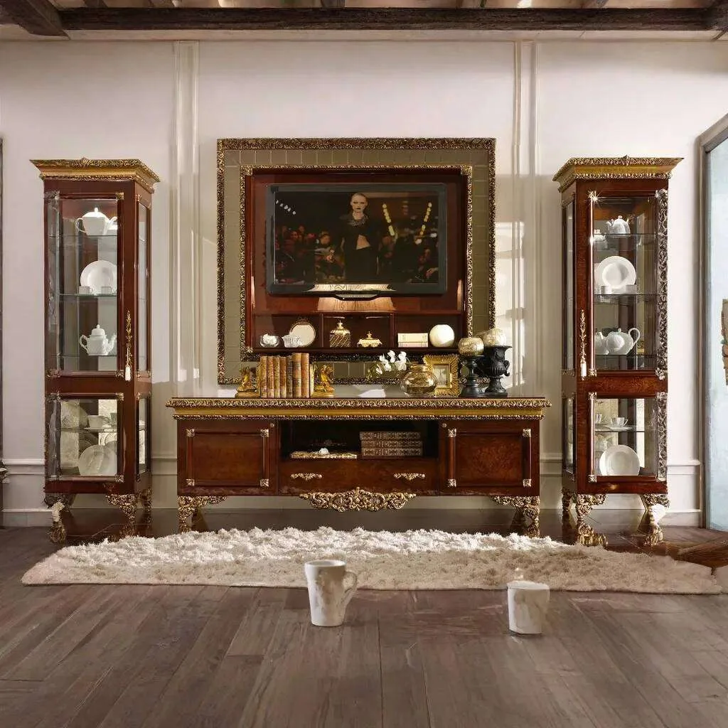 Bespoke Empire Style Mahogany TV Wall Unit featuring twin glass vitrines, a central media console with gilded lion-paw feet,