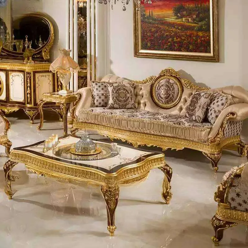 Bespoke Champagne Medallion Back Sofa Suite featuring a central circular embroidered crest, button-tufted satin backrest,