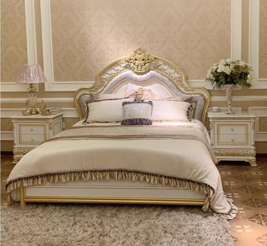 Bespoke White and Gold Rococo Bed featuring a high-relief carved crest and ruched satin headboard, produced as a custom