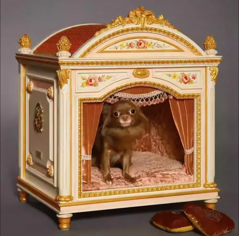 Bespoke Neoclassical Pet Pavilion featuring a barrel-vaulted roof, cream lacquer finish, and gilded finials, produced as a custom architectural miniature by OE-FASHION Interiors.