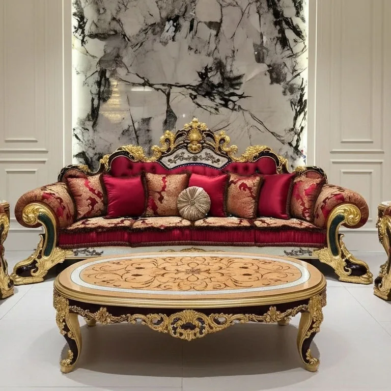 Bespoke Gilded Burgundy Baroque Sofa featuring a central embroidered crest panel, deep-buttoned velvet backrest, and hand-carved gold leaf frame.