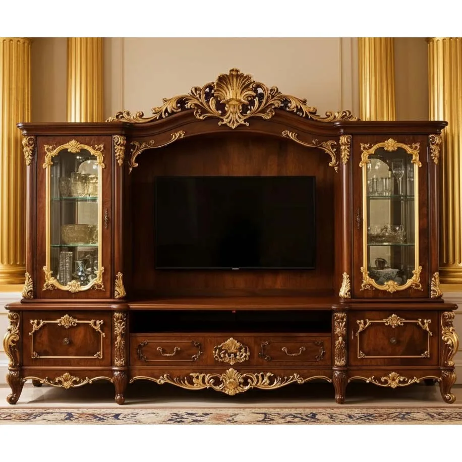 Bespoke Rococo Walnut TV Cabinet: Gilded Media Wall Unit