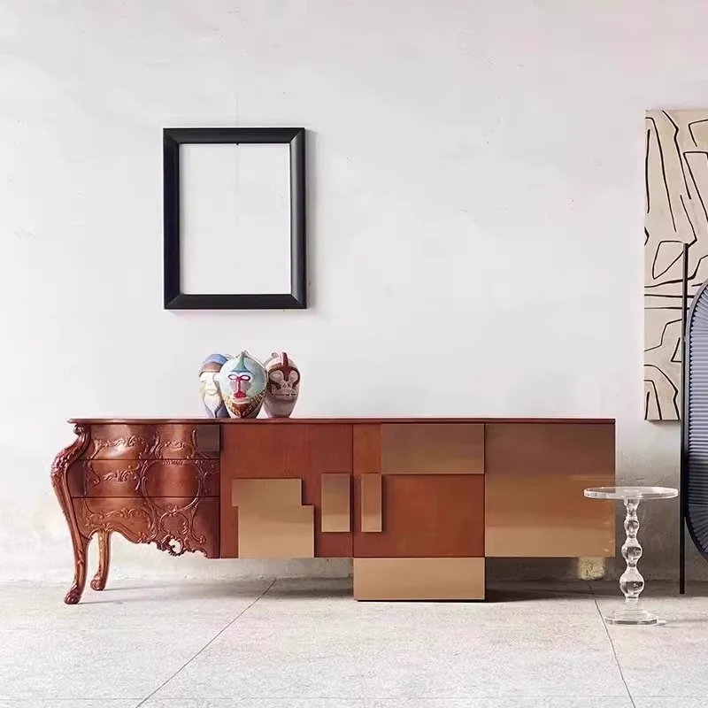 Bespoke Hybrid Baroque Sideboard featuring a transition from hand-carved classical wood to geometric copper-toned panels,
