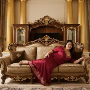 Bespoke Rococo Mahogany Sofa featuring a serpentine crest rail, hand-carved gilded scrollwork, and gold damask upholstery.