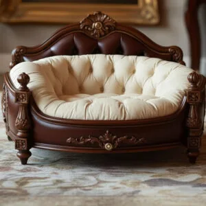 Bespoke Carved Mahogany Dog Sofa featuring a dark leather-upholstered frame, hand-carved cresting, and a deep-buttoned cream cushion.