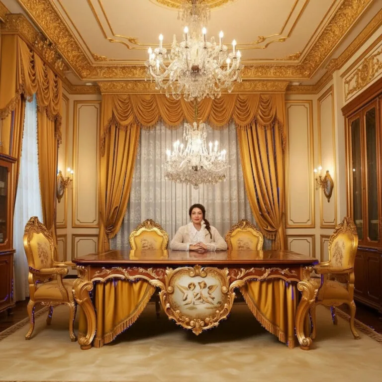 Bespoke Gilded Baroque Dining Table featuring a high-gloss walnut surface, gold leaf joinery, and integrated velvet skirting with bullion fringe.