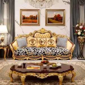 Home 3 A complete royal gold leaf living room set in blue, featuring sofas, armchair, and coffee table, within a stately home setting.