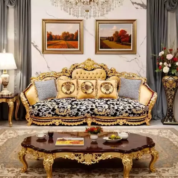 Bespoke Gilded Baroque Sofa featuring a button-tufted gold velvet backrest, contrasting black and gold damask seat upholstery, and an ornate hand-carved gold leaf frame.