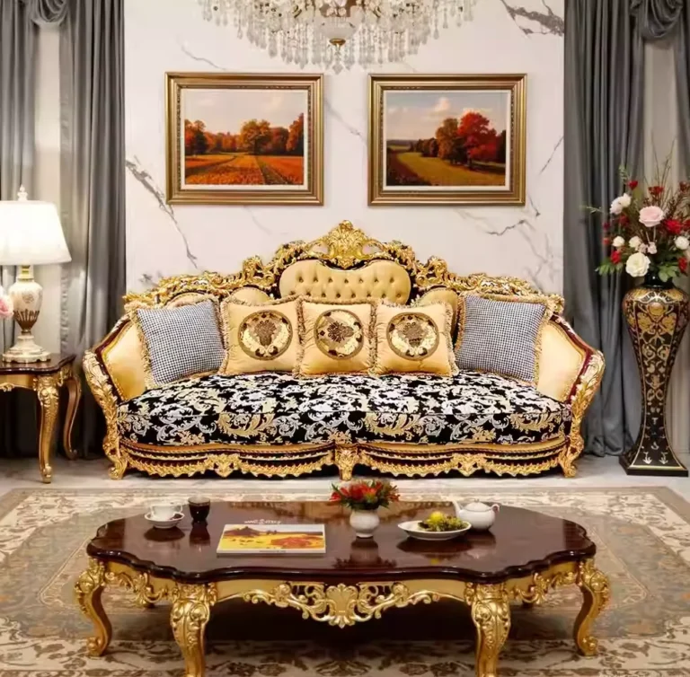 Bespoke Gilded Baroque Sofa featuring a button-tufted gold velvet backrest, contrasting black and gold damask seat upholstery, and an ornate hand-carved gold leaf frame.