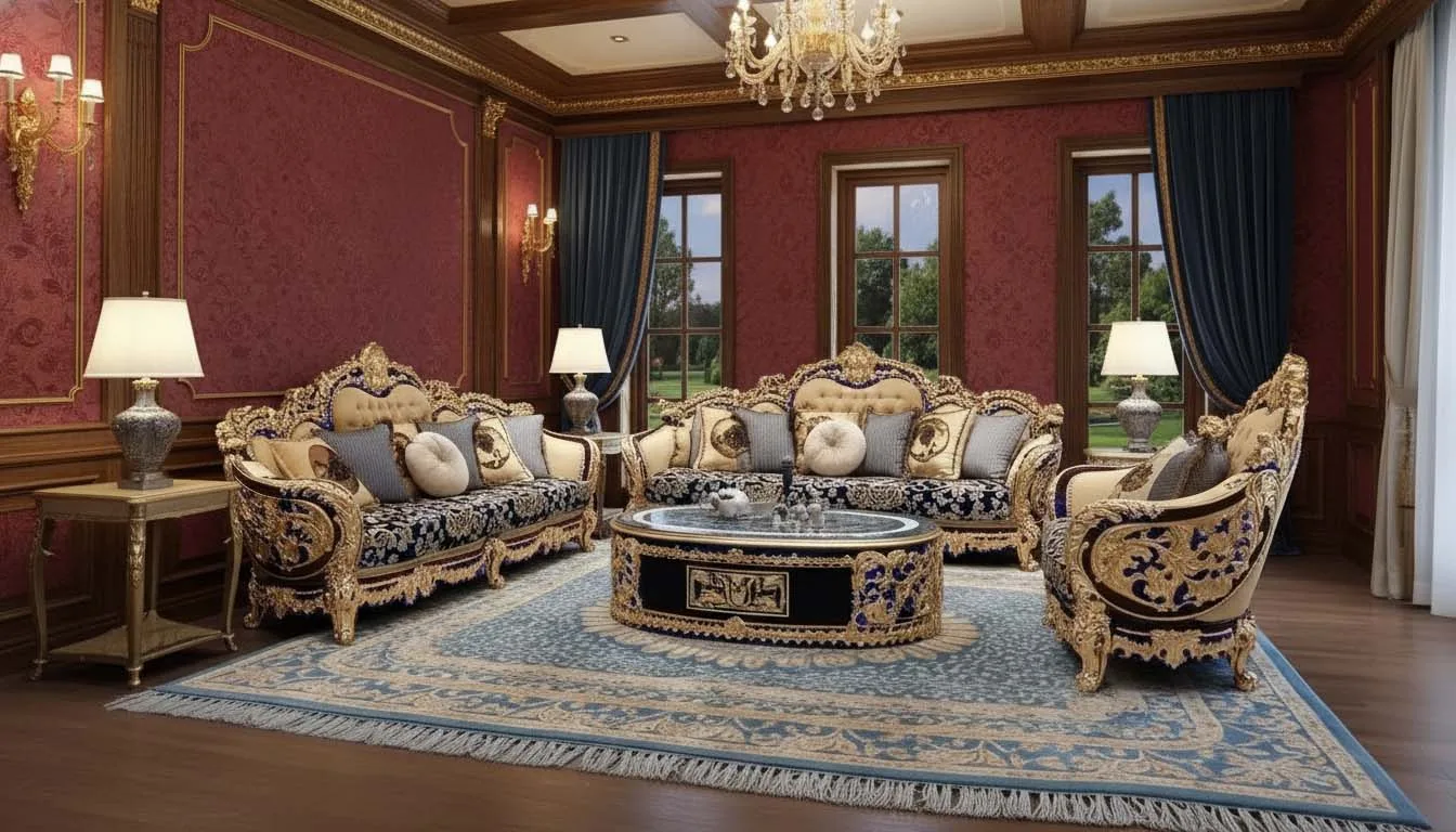 A complete royal gold leaf living room set in blue, featuring sofas, armchair, and coffee table, within a stately home