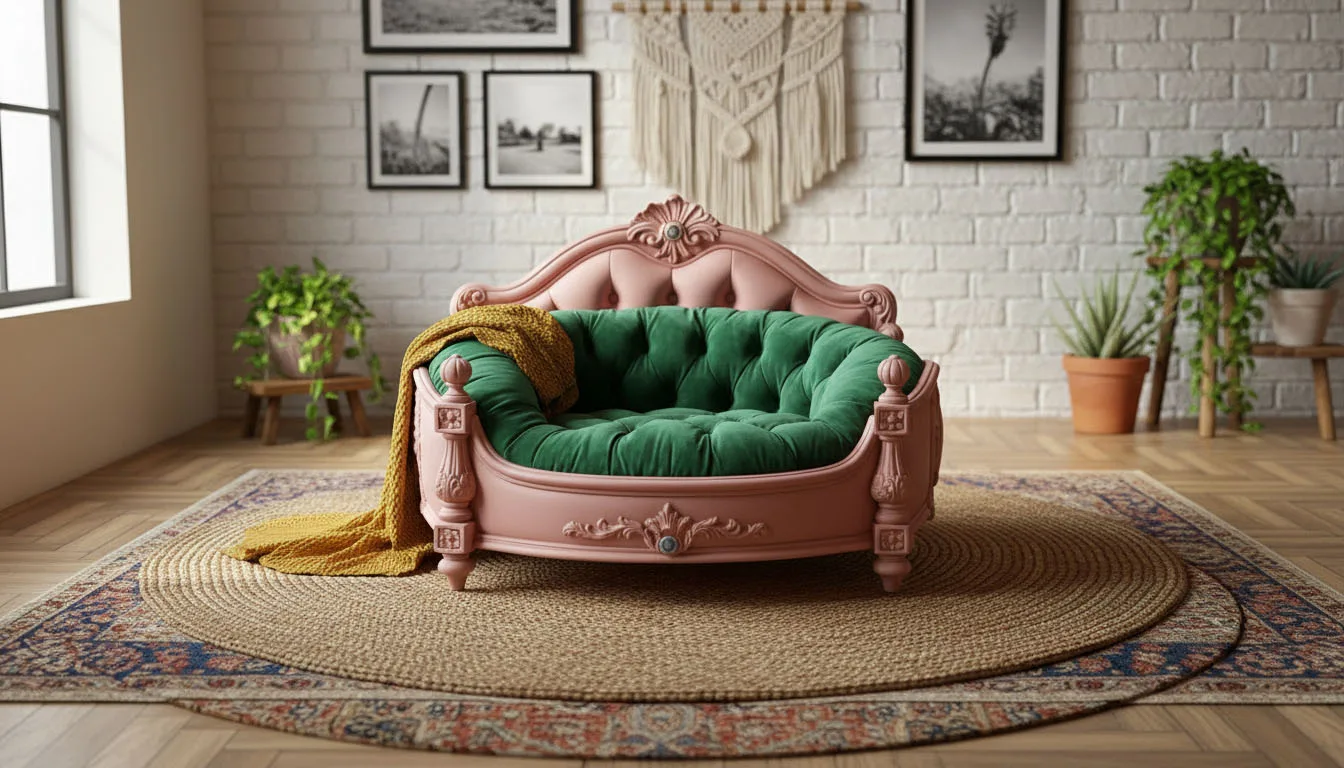 Luxury Pet Sofa: Carved Wood & Tufted Comfort