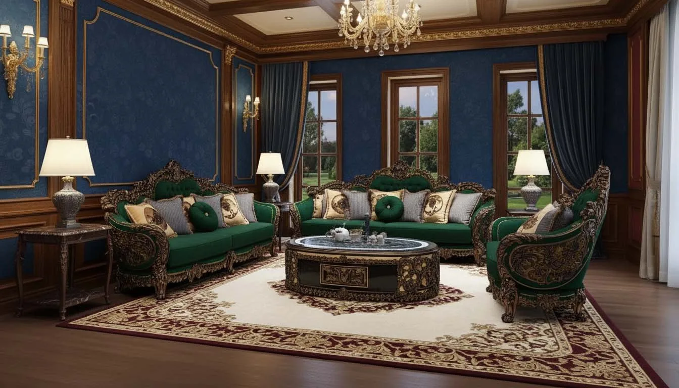 A complete royal gold leaf living room set in emerald green, featuring sofas, armchair, and coffee table, within a stately