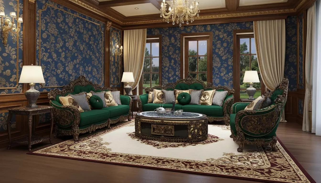 A complete royal gold leaf living room set in emerald green against a blue damask wall, featuring sofas, armchair, and