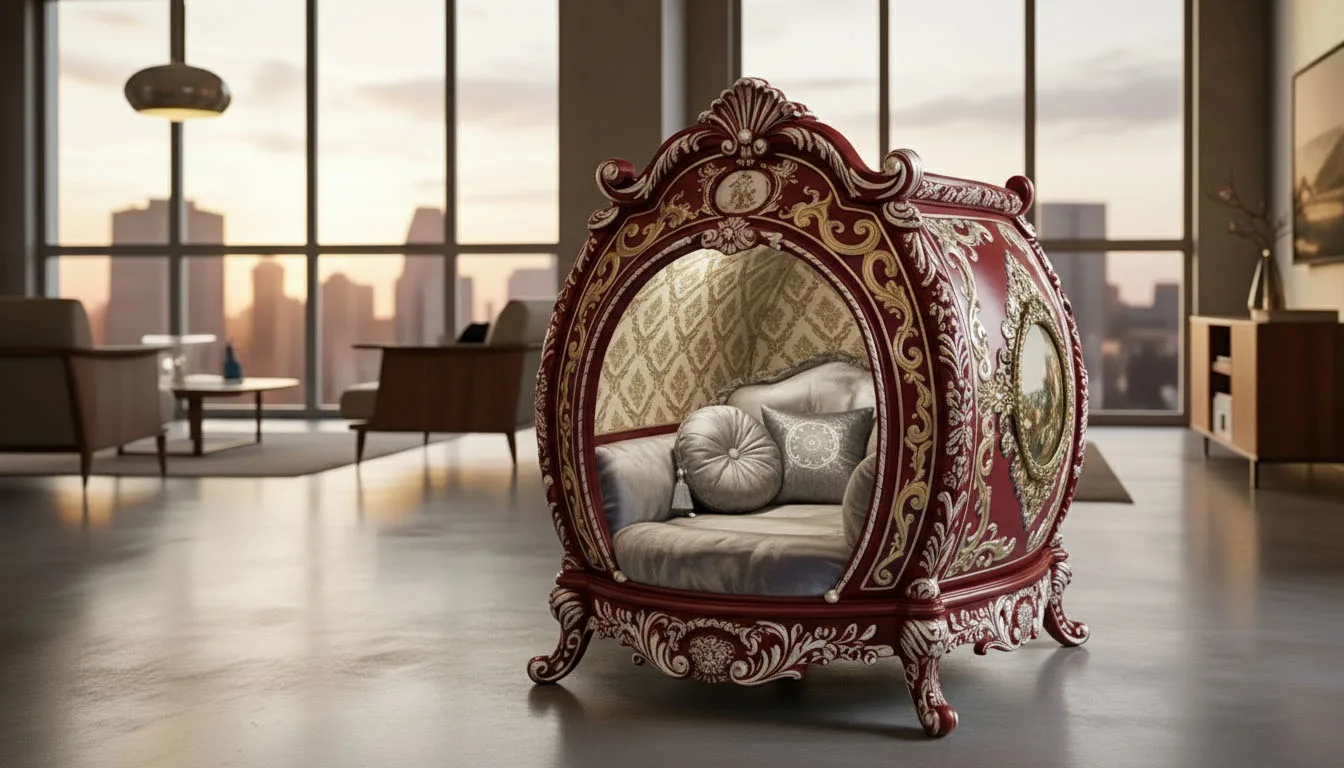Baroque Royal Pet Bed: Luxury Carved Wood Pet Furniture