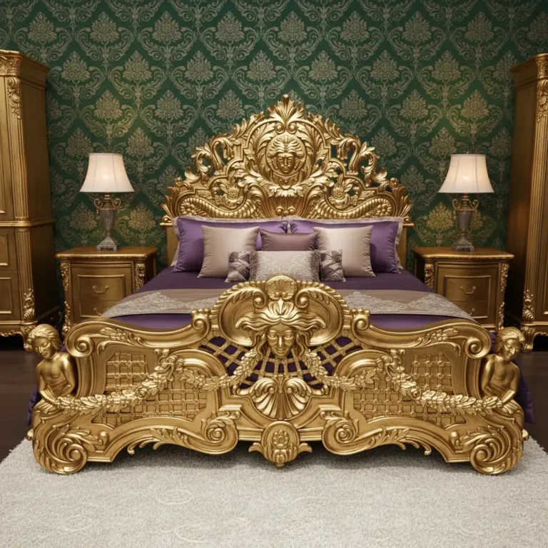 Hand-Carved Gilded Baroque Bed featuring a high-relief headboard and gold leaf finish, produced as a bespoke piece by OE-FASHION Interiors.