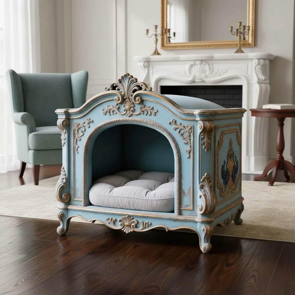 An ornate, light-blue French rococo style dog bed with elaborate gold-leaf details sits on a dark wood floor. This luxury