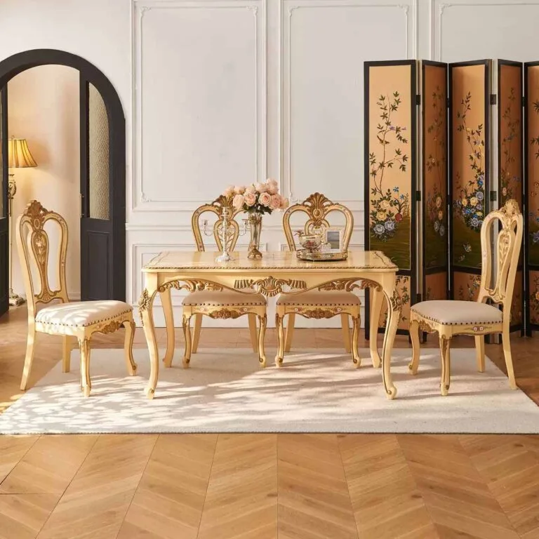 Hand-Painted Champagne Gold Dining Table featuring a metallic lacquer finish, cabriole legs, and central floral surface motif, produced by OE-FASHION Interiors.