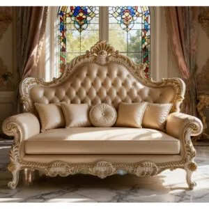 Home 11 A full view of the "Château Chic" luxury tufted sofa, showcasing its champagne leatherette upholstery, ornate gold leaf detailing, and classic French design, positioned in a grand room with stained-glass windows.