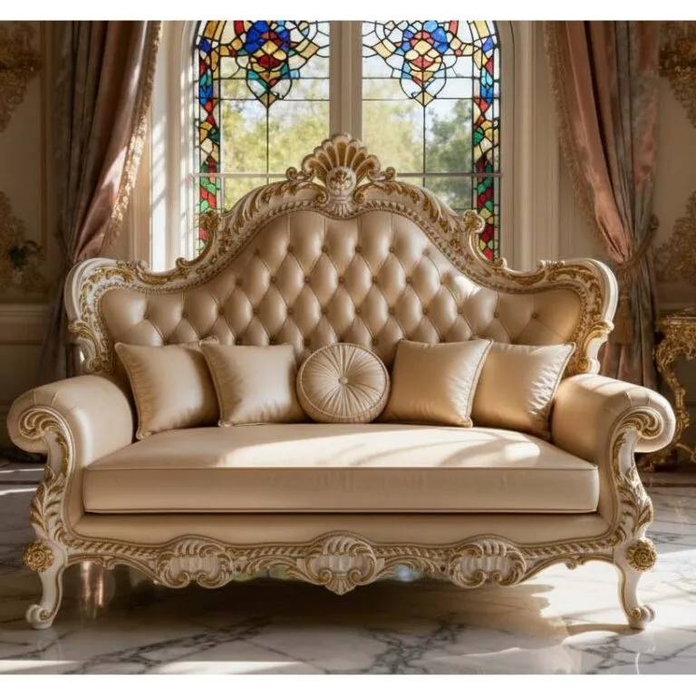 Bespoke Carved Leather Loveseat featuring champagne leather upholstery and a hand-carved solid wood frame with gold leaf detailing, produced by OE-FASHION Interiors.