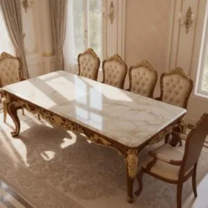Bespoke Marble Top Rococo Dining Set featuring a white veined stone surface, gilded mahogany frame, and six button-tufted cream leather armchairs.