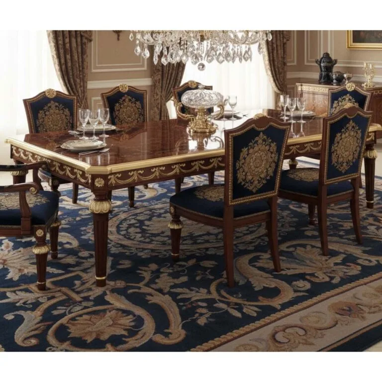 Bespoke Mahogany and Gold Leaf Empire Dining Set featuring a high-gloss rectangular table with gilded apron details and matching navy velvet armchairs, produced by OE-FASHION Interiors.