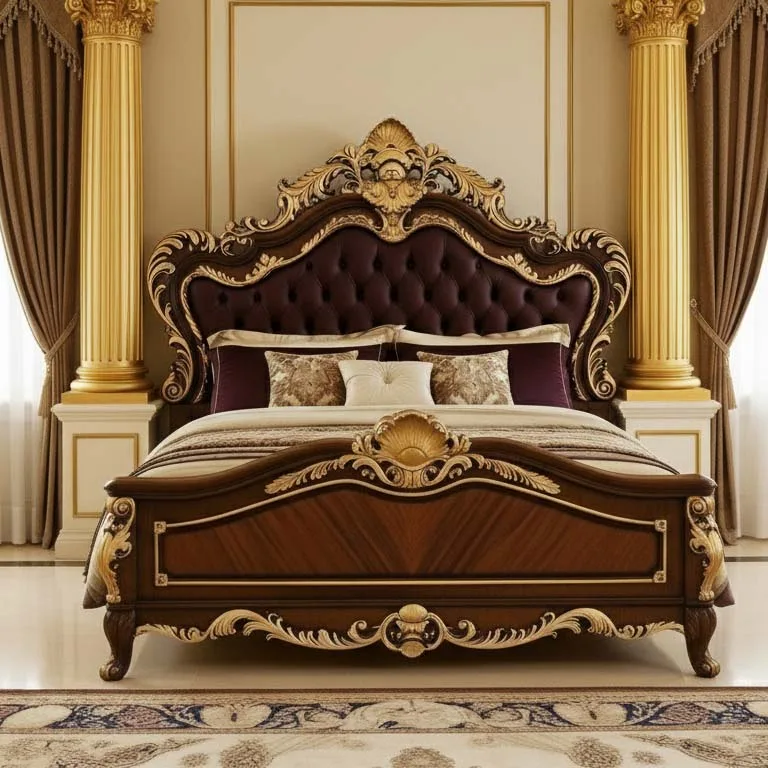 Bespoke Walnut Baroque Bed featuring a deep plum tufted headboard and dark walnut frame with extensive hand-applied gold