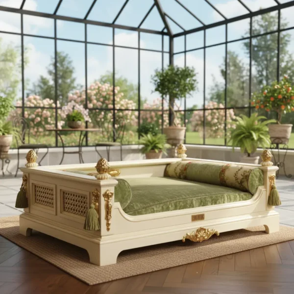 Close-up of the carved pinecone finials, tassel accents, and cane webbing side panels on the Neoclassical Dog Sofa, showing artisan construction.