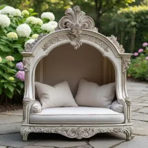An ornate, antique-white luxury canopy pet bed with baroque-style silver carvings and plush cushions, resting on a stone patio in a garden.