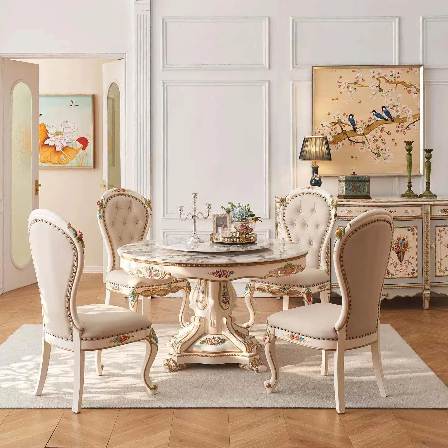 Side view of the luxury dining set showing the thick marble tabletop and the button-tufted backrests of the chairs.