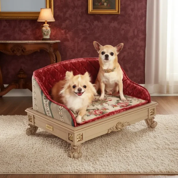 Neoclassical Pet Sofa featuring a cream-lacquered timber frame with gilded floral carvings and deep red quilted velvet upholstery, produced by OE-FASHION Interiors.