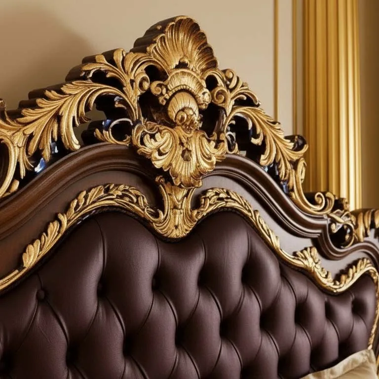 A close-up view of the intricate gold carvings and deep purple tufted upholstery on the headboard of a luxury Baroque bed,