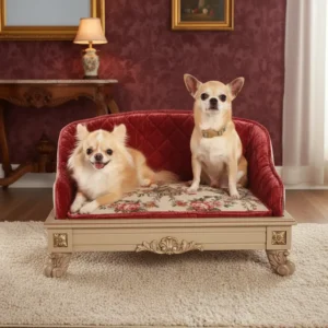 Gallery 3 Neoclassical Pet Sofa positioned in a formal interior, demonstrating the scale of the miniature furniture piece within a residential library setting.