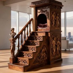 Solid Walnut Renaissance Carved Pet Residence featuring a functional staircase with balustrades, classical bust finial, and high-relief mythological carvings.