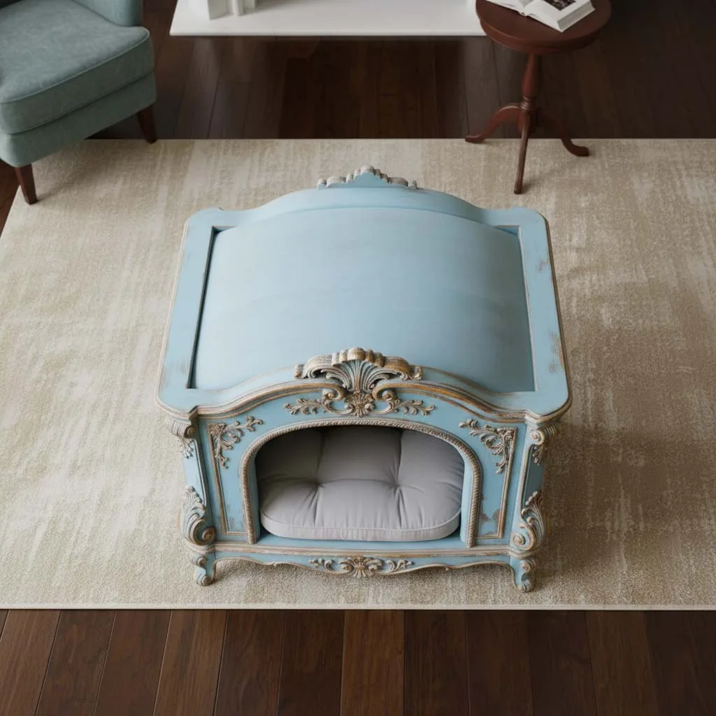 An ornate, light-blue French rococo style dog bed with elaborate gold-leaf details sits on a dark wood floor. This luxury