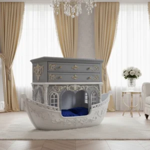 Gallery 1 Bespoke Baroque Pet House Chest featuring a grey dual-drawer console atop a white nautical-style pet enclosure, produced by OE-FASHION Interiors.