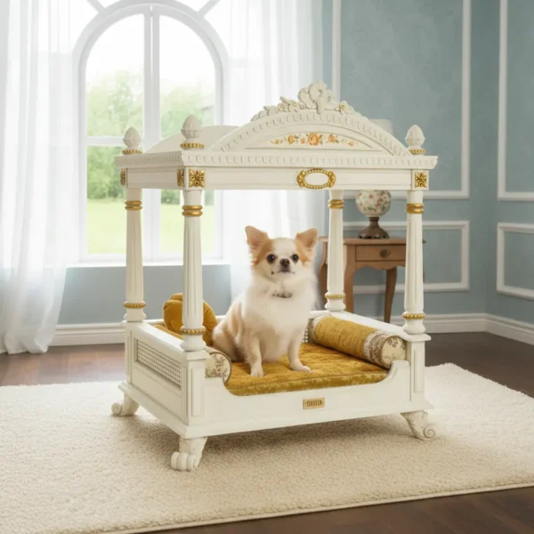 Luxury Dog Bed styled in a high-end, light-filled bedroom. Demonstrates elegance for villas and superior comfort for small-to-medium pets.