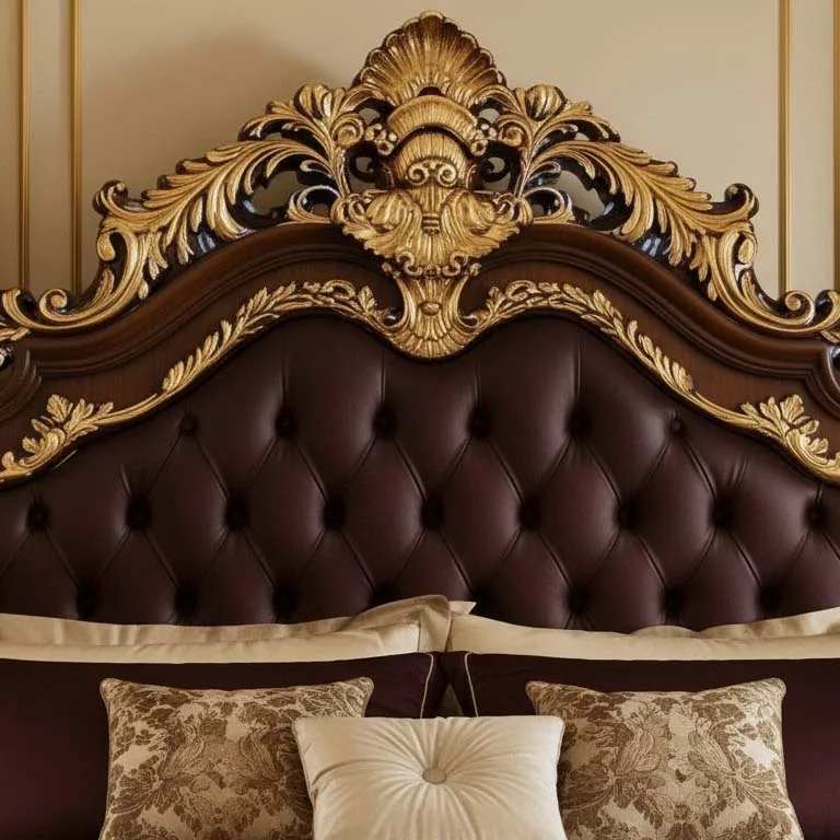 Bespoke Walnut Baroque Bed: Carved Royal Sleeper detail view – Beds design