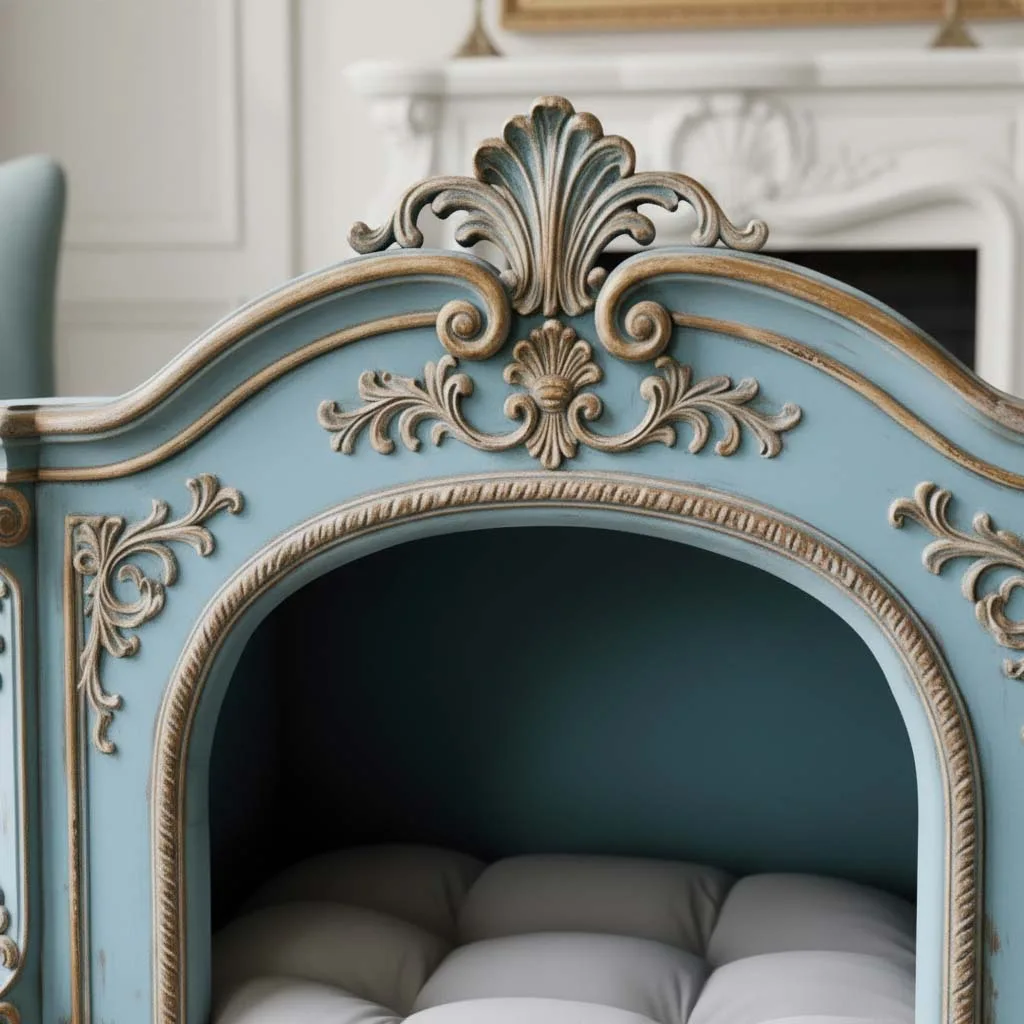 Hand-Painted French Blue Rococo Pet House interior perspective – Pet Furniture design