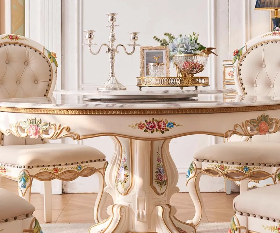 Hand-Painted Cream Rococo Dining Table craftsmanship close-up – Dining tables design