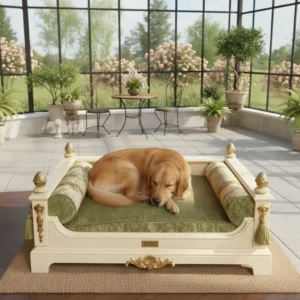 Gallery 2 Neoclassical Dog Sofa in cream lacquer with gold-leaf accents and green velvet upholstery, produced as a bespoke piece by OE-FASHION Interiors.