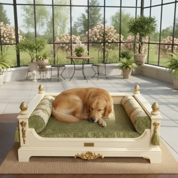 Neoclassical Gilded Pet Sofa displaying architectural corner posts and cane webbing side panels.