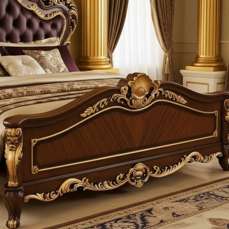 Bespoke Walnut Baroque Bed: Carved Royal Sleeper craftsmanship close-up – Beds design